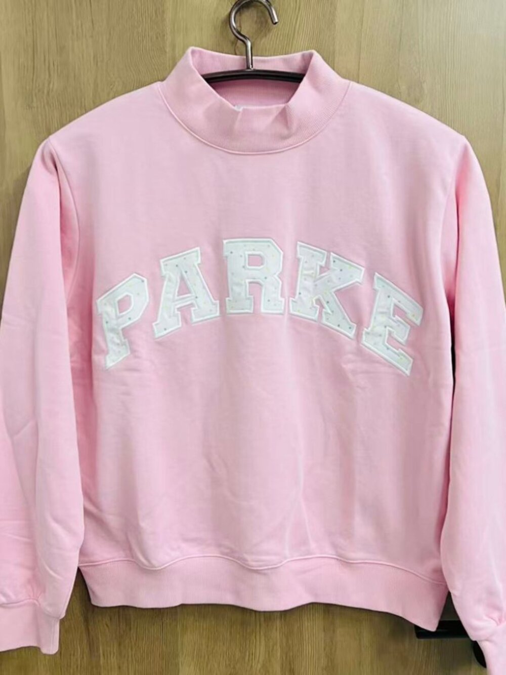 PARKE Pink Mock Neck Sweatshirt Multicolor Dot Letter Patch Size L/XL